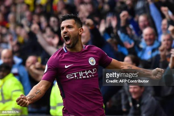 Manchester City's Argentinian striker Sergio Aguero celebrates scoring his third and the team's fifth goal during the English Premier League football...