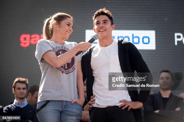 Ainhoa Arbizu and Marc Marquez during the Funeral Tribute For Angel Nieto in Madrid on September 16, 2017 in Madrid, Spain.