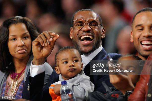 LeBron James of the Cleveland Cavaliers laughs at Shaquille O'Neal of the Phoenix Suns during the T-Mobile Rookie Challenge & Youth Jam part of 2009...