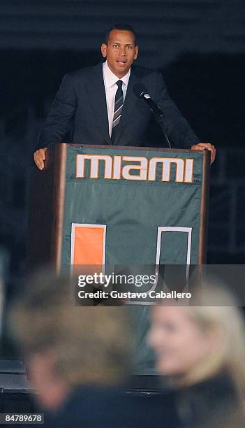 Alex Rodriguez attends the dedication ceremony for Alex Rodriguez Park at the University of Miami on February 13, 2009 in Coral Gables, Florida