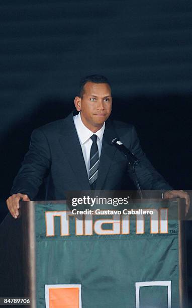 Alex Rodriguez attends the dedication ceremony for Alex Rodriguez Park at the University of Miami on February 13, 2009 in Coral Gables, Florida