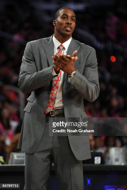 Assistant coach Dwight Howard of the Sophomore team reacts during the T-Mobile Rookie Challenge & Youth Jam part of 2009 NBA All-Star Weekend at US...