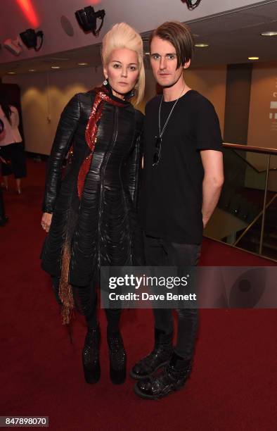 Daphne Guinness and Gareth Pugh attend the Gareth Pugh SS18 catwalk during London Fashion Week September 2017 at BFI IMAX on September 16, 2017 in...