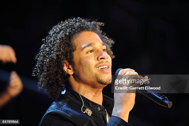 Performer Corbin Bleu sings during halftime of the T-Mobile Rookie Challenge & Youth Jam part of 2009 NBA All-Star Weekend at US Airways Center on...