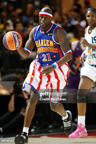 Harlem Globetrotter Special K Daley plays during the McDonald's All-Star Celebrity Game held at the Phoenix Convention Center on February 13, 2009 in...