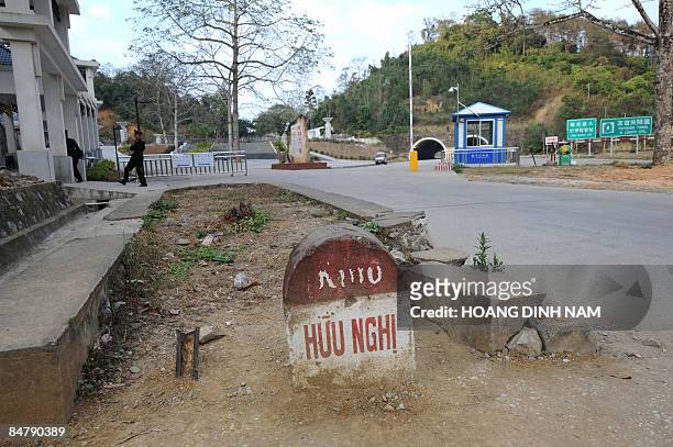 An old distance marker bearing the word "Friendship" is pictured on the Vietnamese side at the Friendship border Gate in the northern border province...