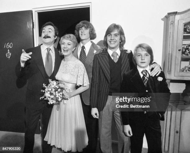 Actress Shirley Jones and producer Marty Ingels are joined by Shirley’s son Patrick, Shaun, and Ryan Cassidy following their wedding at the Bel Air...