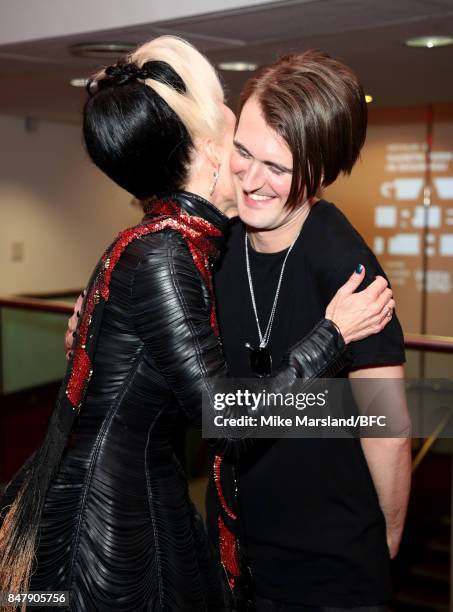 Daphne Guinness and fashion designer Gareth Pugh attend his show at the BFI IMAX during London Fashion Week September 2017 on September 16, 2017 in...