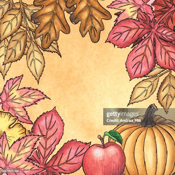 pumpkin, apple and autumn leaf vector watercolor frame with copy space - chestnut tree stock illustrations