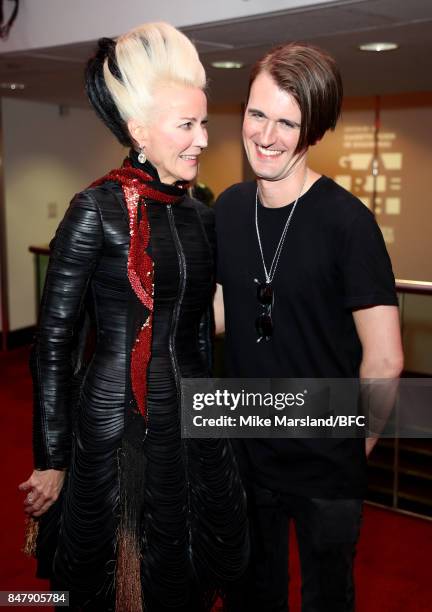 Daphne Guinness and fashion designer Gareth Pugh attend his show at the BFI IMAX during London Fashion Week September 2017 on September 16, 2017 in...