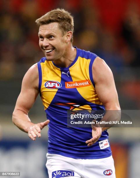 Sam Mitchell of the Eagles celebrates a goal during the 2017 AFL First Semi Final match between the GWS Giants and the West Coast Eagles at Spotless...