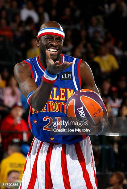 Special K Daley of the Harlem Globetrotters smiles during the McDonald's All-Star Celebrity Game on center court during NBA Jam Session Presented by...