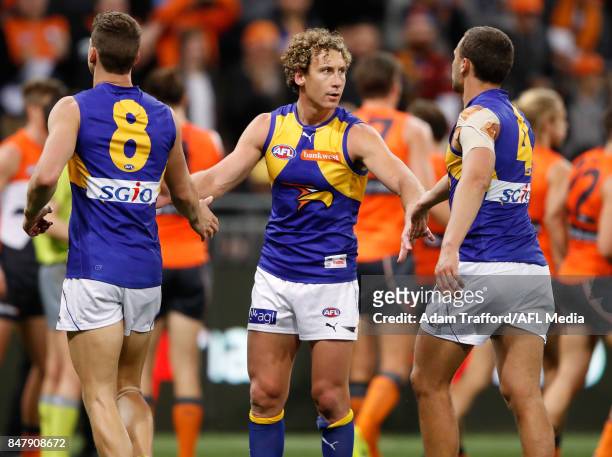 Matt Priddis of the Eagles encourages teammates during the 2017 AFL First Semi Final match between the GWS Giants and the West Coast Eagles at...