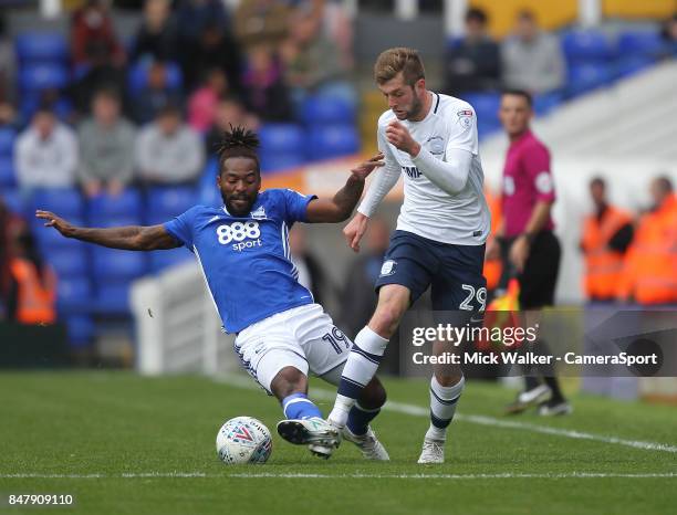 Preston North End's Tom Barkuizen battles with Birmingham City's Jacques Maghoma during the Sky Bet Championship match between Birmingham City and...