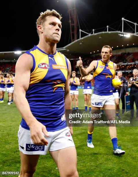 Sam Mitchell of the Eagles walks off the field after his final match during the 2017 AFL First Semi Final match between the GWS Giants and the West...