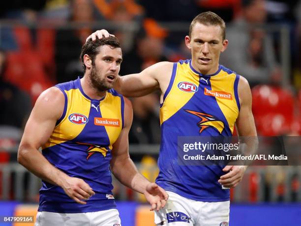 Drew Petrie of the Eagles congratulates Jack Darling of the Eagles on a goal during the 2017 AFL First Semi Final match between the GWS Giants and...