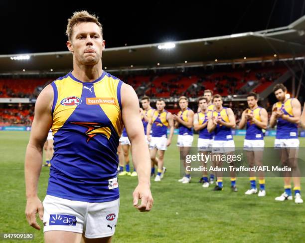 Sam Mitchell of the Eagles walks off the field after his final match during the 2017 AFL First Semi Final match between the GWS Giants and the West...