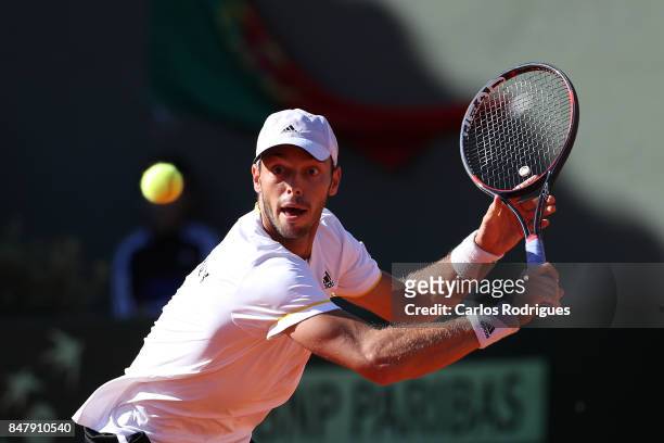 Tim Puetz from Germany during the match Portugal v Germany for Davis Cup World Group Play-off Day Two at Centro de Tenis do Jamor on September 16,...