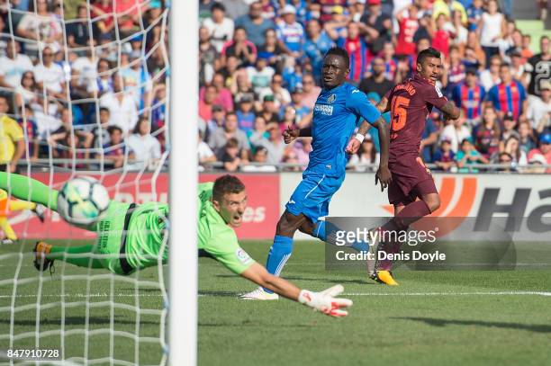 Paulinho of FC Barcelona celebrates after scoring his team's 2nd goal during the La Liga match between Getafe and Barcelona at Coliseum Alfonso Perez...