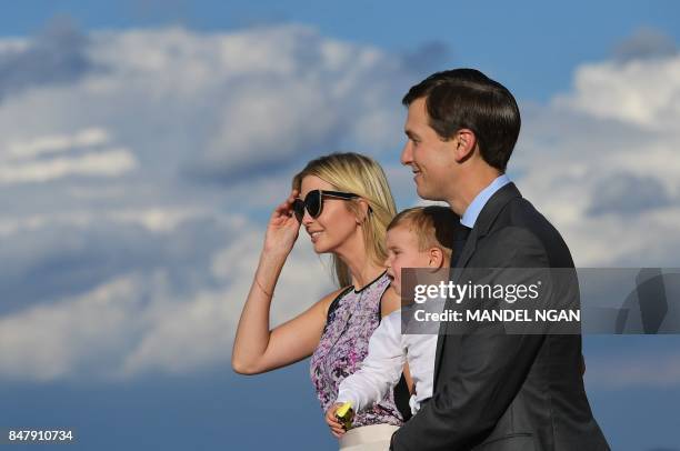 Ivanka Trump and husband Jared Kushner step off Air Force One with their child on September 15, 2017 in Morristown, New Jersey. - US President Donal...