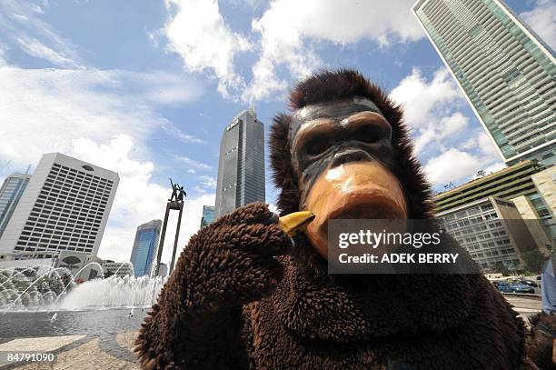 An activist from Centre for Orangutan and wearing an Orangutan costume sits along a round about as they give bananas to motorists on Valentine's Day...