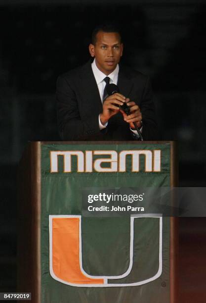 Alex Rodriguez attends the dedication ceremony for Alex Rodriguez Park Dedication Ceremony at University of Miami on February 13, 2009 in Coral...