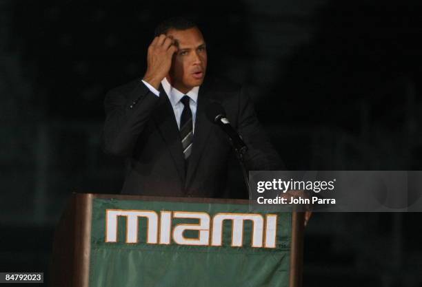 Alex Rodriguez attends the dedication ceremony for Alex Rodriguez Park Dedication Ceremony at University of Miami on February 13, 2009 in Coral...