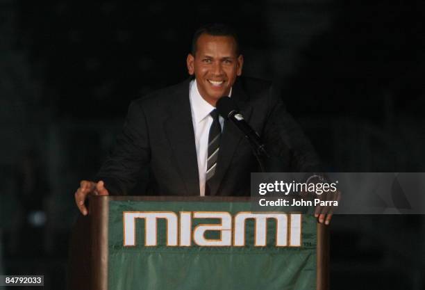 Alex Rodriguez attends the dedication ceremony for Alex Rodriguez Park Dedication Ceremony at University of Miami on February 13, 2009 in Coral...