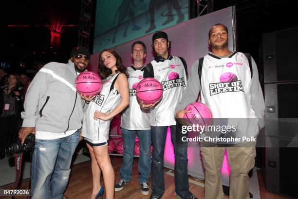 Jermaine Dupri, Eliza Dushku, Bill Simmons, Zachary Levi and Donald Faison during the celebrity launch of the T-Mobile myFaves Shot of a Lifetime...