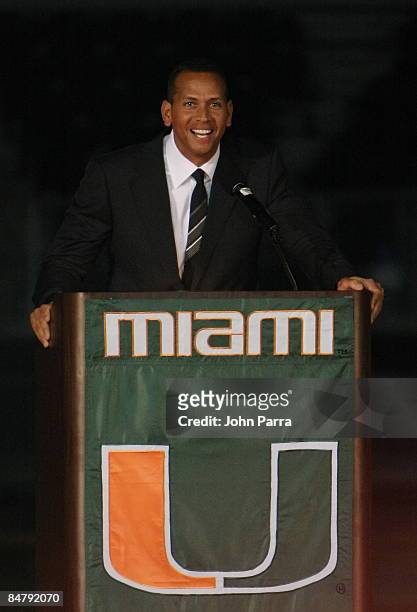 Alex Rodriguez attends the dedication ceremony for Alex Rodriguez Park Dedication Ceremony at University of Miami on February 13, 2009 in Coral...