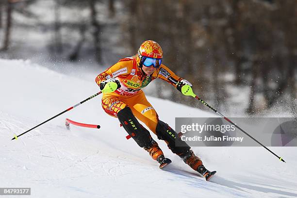 Brigitte Acton of Canada skis during the Women's Slalom event held on the Face de Bellevarde course on February 14, 2009 in Val d'Isere, France.