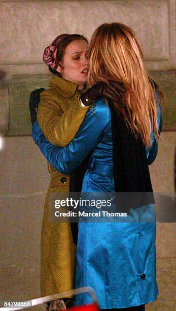 Blake Lively and Leighton Meester are seen on the set of the TV show "Gossip Girls" in Manhattan on February 13, 2009 in New York City.