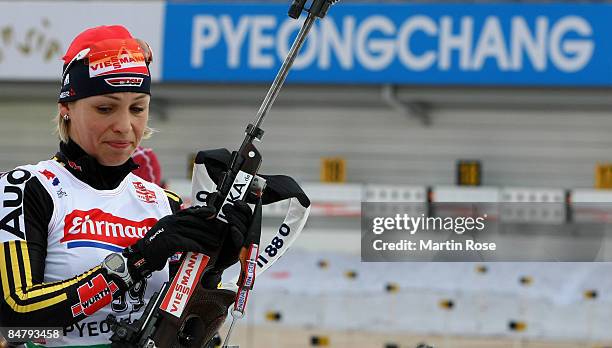 Magdalena Neuner of Germany gestures prior the Women 7,5 km sprint of the IBU Biathlon World Campionships on Fenruary 14, 2009 in Pyeonchang, South...