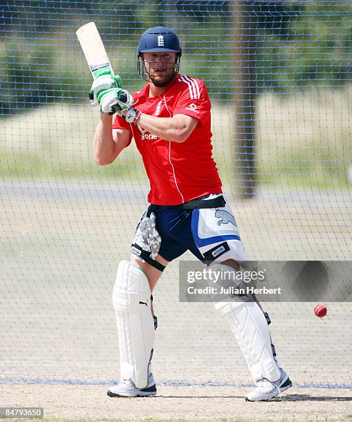 Andrew Flintoff bats in a nets session at the Police Ground on February 14, 2009 in St. Johns, Antigua. Tomorrow sees the start of the third Test...