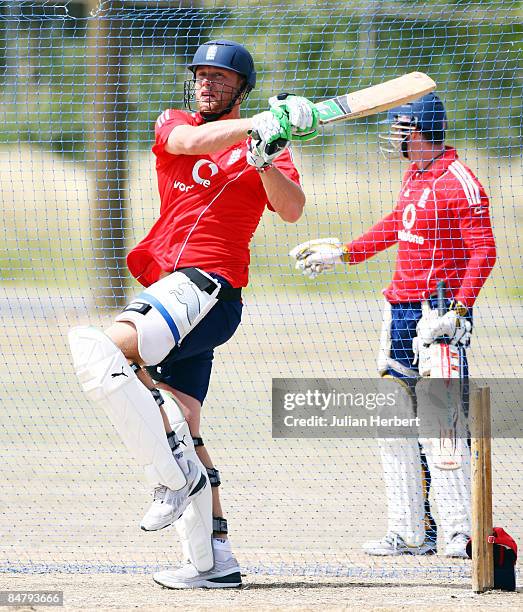 Andrew Flintoff bats in a nets session at The Police Ground on February 14, 2009 in St. Johns, Antigua.Tomorrow sees the start of the third Test...