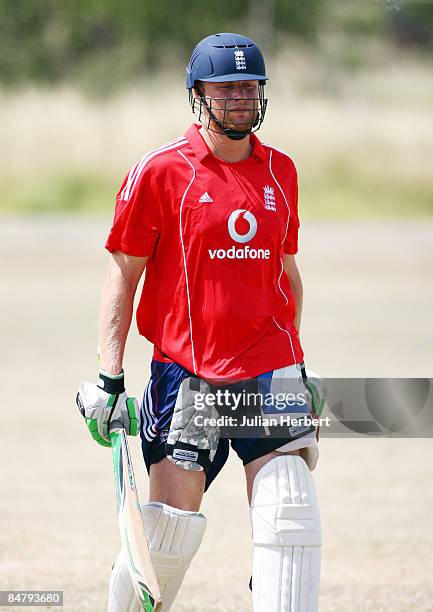 Andrew Flintoff walks out of a nets session at The Police Ground on February 14, 2009 in St. Johns, Antigua. Tomorrow sees the start of the third...