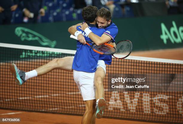 Nicolas Mahut and Pierre-Hugues Herbert of France celebrate winning the doubles match against Serbia on day two of the Davis Cup World Group tie...