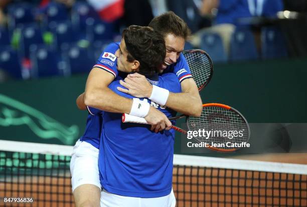 Nicolas Mahut and Pierre-Hugues Herbert of France celebrate winning the doubles match against Serbia on day two of the Davis Cup World Group tie...