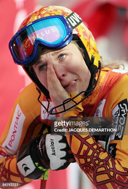 Canada's Brigitte Acton cries after the women's slalom second run during the World Ski Championships on February 14, 2009 in Val d'Isere, French...