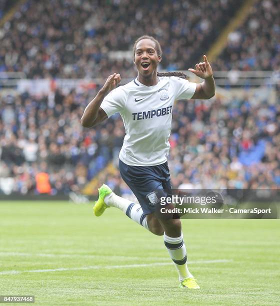 Preston North End's Daniel Johnson celebrates scoring his sides first goal during the Sky Bet Championship match between Birmingham City and Preston...
