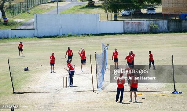 England players take part in a nets session at the Police Ground on February 14, 2009 in St. Johns, Antigua. Tomorrow sees the start of the third...