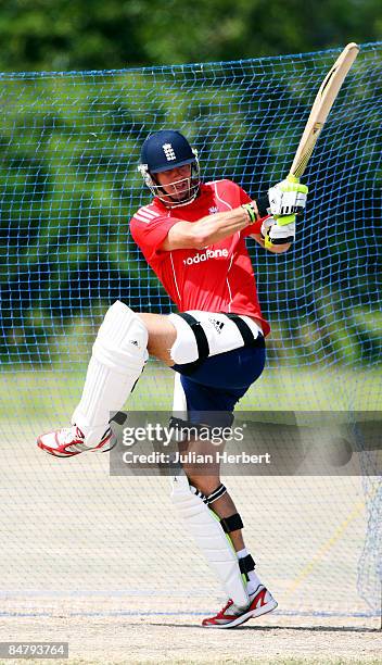 Kevin Pietersen bats in a nets session at the Police Ground on February 14, 2009 in St. Johns, Antigua. Tomorrow sees the start of the third Test...