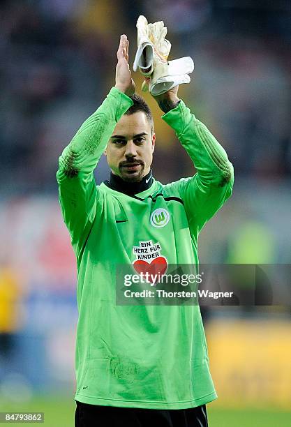 Diego Benaglio of Wolfsburg celebrates after winning the Bundesliga match between Eintracht Frankfurt and VfL Wolfsburg at the Commerzbank Arena on...