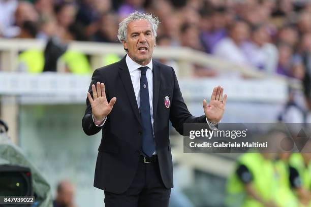 Roberto Donadoni manager of Bologna FC gestures during the Serie A match between ACF Fiorentina and Bologna FC at Stadio Artemio Franchi on September...