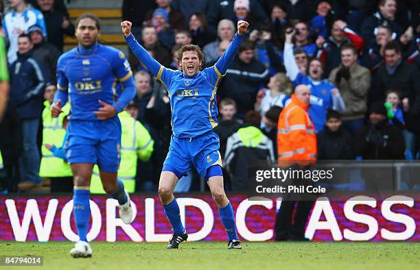 Hermann Hreidarsson of Portsmouth celebrates after scoring his team's second goal during the Barclays Premier League match between Portsmouth and...