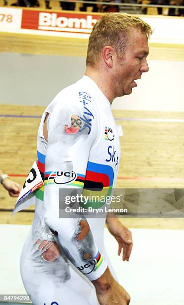 Chris Hoy of Great Britain and SKY+HD walks back to the pits after crashing out of the final of the Keirin during day two of the UCI Track World Cup...