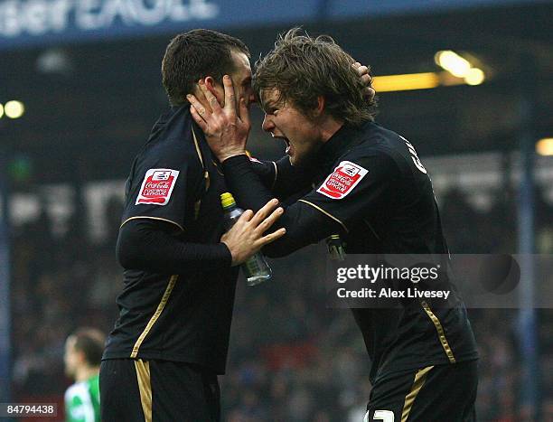 Michael Doyle of Coventry City celebrates with Aron Gunnarsson after scoring the second goal for Coventry City during the FA Cup 5th Round match...