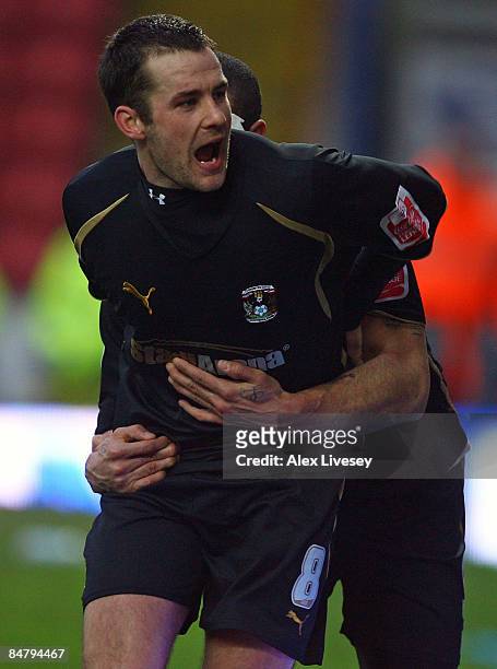 Michael Doyle of Coventry City celebrates with Leon Best after scoring the second goal for Coventry City during the FA Cup 5th Round match sponsored...