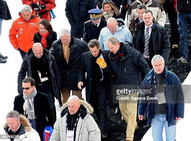 French President Nicolas Sarkozy, with Jean Claude Killy, Michel Barnier and French minister of Sports Bernard Laporte during the Alpine FIS Ski...