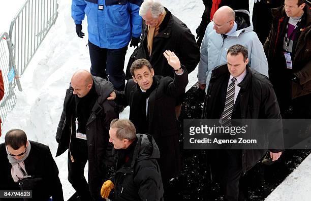 French President Nicolas Sarkozy, with Jean Claude Killy, Michel Barnier and French minister of Sports Bernard Laporte during the Alpine FIS Ski...